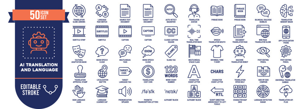 AI Translation and Language Icon Set Vector with 50 Editable Stroke Icons for Linguistics and App Design
