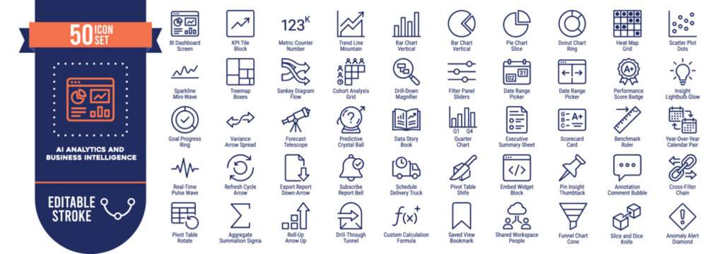 AI Analytics and Business Intelligence Icon Set Vector with 50 Editable Stroke Icons for Data Dashboard Design