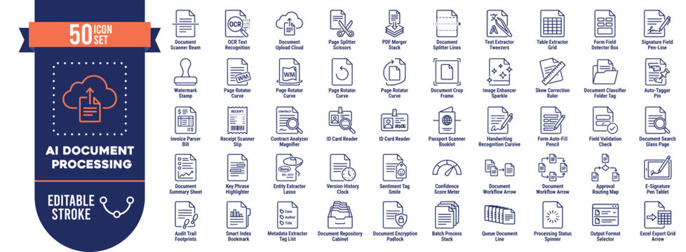 AI Document Processing Icon Set Vector with 50 Editable Stroke Icons for Technology and Business Use