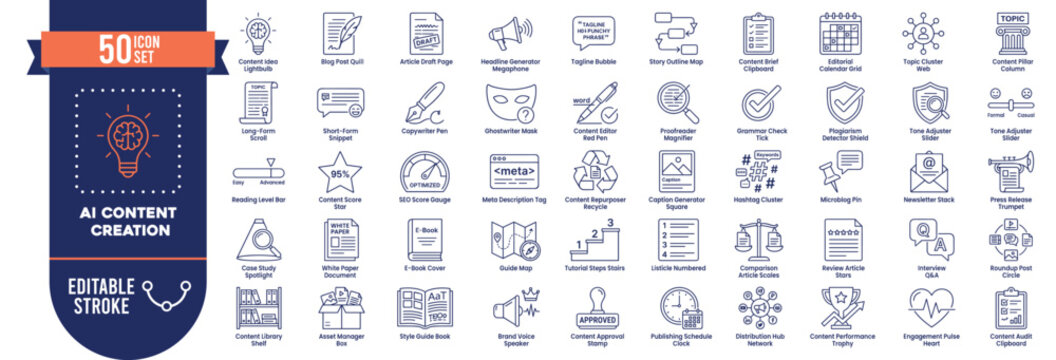 AI Content Creation Icon Set Vector with 50 Editable Stroke Icons for Digital Publishing and Marketing Design
