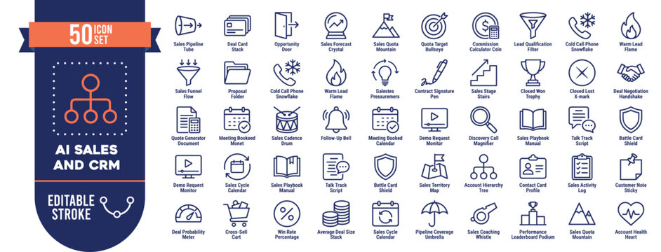 AI Sales and CRM Icon Set Vector with 50 Editable Stroke Icons for Business and Marketing Design
