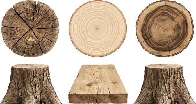 Wooden Log and Tree Stump Collection with Natural Patterns, Circular Slices, and Textures for Rustic Decor and Crafting Designs