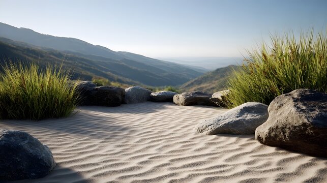 A tranquil sunrise scene featuring patterned sand foreground rocks and expansive layered mountain vistas