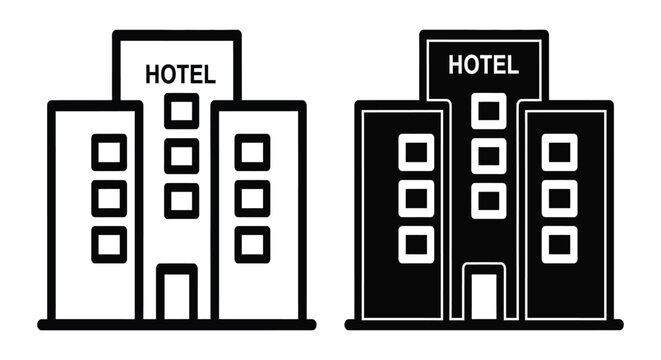 Black and white vector icon of a hotel building with windows and entrance door vector