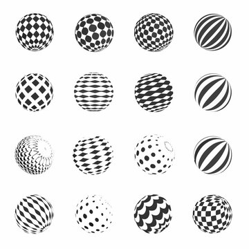 geometric sphere collection black and white patterned orbs on white background