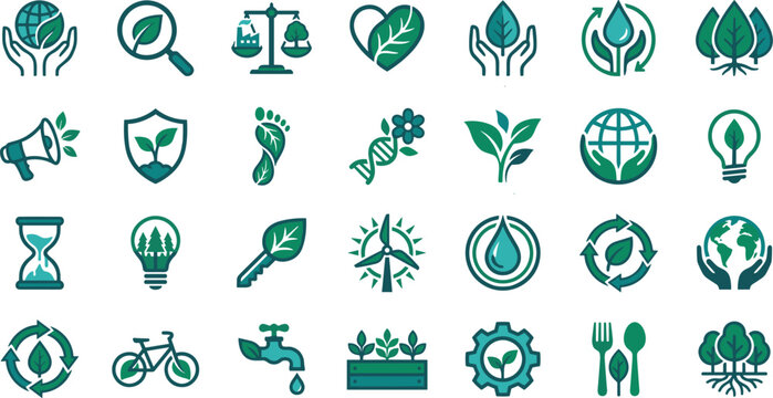 Hand-drawn Green Environment and Sustainability Icons Vector Set for Eco-friendly, Nature, and Renewable Energy Design Elements