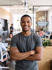 Fototapeta premium Smiling Black man with arms crossed in a modern office. Vertical portrait of a confident African American male employee in a collaborative workplace