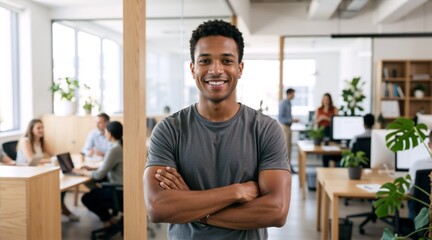 Fototapeta premium Smiling Black man with arms crossed in a modern office. Confident African American male employee standing in a collaborative workplace