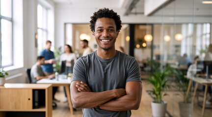 Obraz premium Smiling Black man with arms crossed in a modern office. Confident male employee standing in a casual corporate workplace. Teamwork and leadership concept