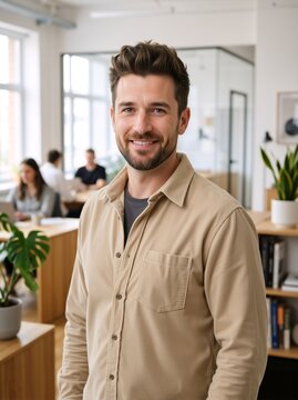 Smiling casual businessman in a modern office. Vertical portrait of a creative male professional in a startup workplace