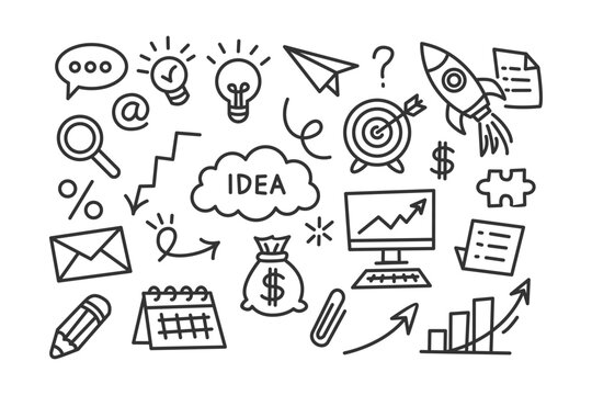 Collection of hand-drawn business and idea icons for marketing, planning, and startup themes