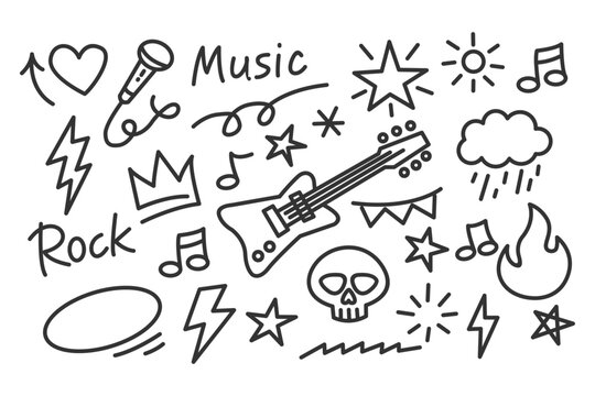 Collection of hand-drawn doodles featuring rock music icons, perfect for creative projects