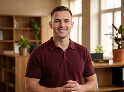 Portrait of smiling man in maroon polo shirt in office. Approachable professional standing in study with bookshelves. Education and career concept