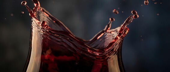 Fototapeta premium Dynamic red wine splash with elegant droplets and fluid motion against dark background for beverage advertising and culinary design projects.