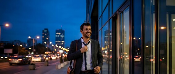 Fototapeta premium Professional businessman walking along modern glass building at night with city lights and traffic in urban downtown area for corporate lifestyle.