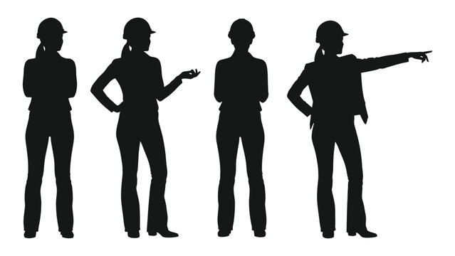 Female construction workers silhouettes in various poses against a white background