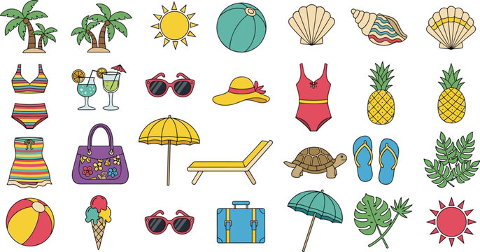 Summer beach vacation icons set with tropical elements swimwear accessories fruits sun umbrella travel objects illustration