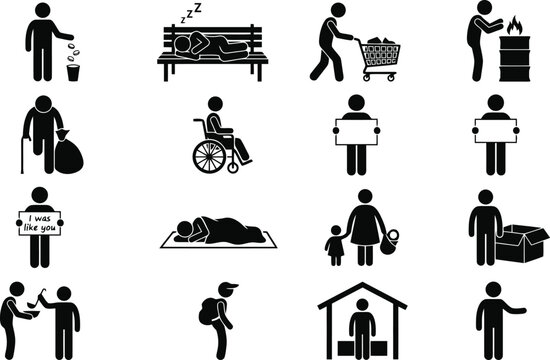 A comprehensive vector illustration set showcasing various social issues and challenges faced by underprivileged human beings