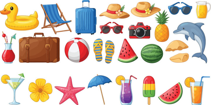 Summer vacation travel icons set with beach accessories fruits drinks luggage umbrella camera and tropical leisure elements illustration