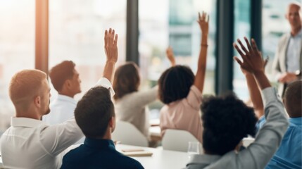 Fototapeta premium modern boardroom meeting with raised hands asking questions, presenter at front, city view through tall windows, warm afternoon light