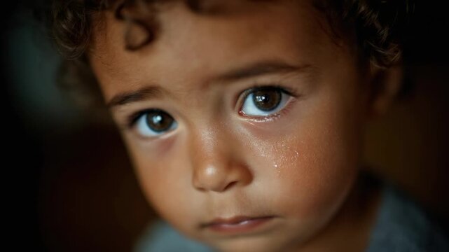 Child with sad expression looks at the camera in a soft light room while tears roll down his face near the afternoon time
