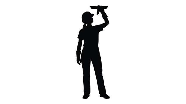 Silhouette of a construction worker using a power drill against a white background