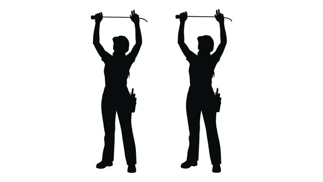 silhouette of two construction workers raising pickaxes against a white background
