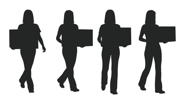 Woman carrying cardboard box silhouettes on white background high quality professional detailed
