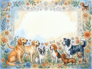 Naklejka premium Watercolor dogs and flowers decorative frame with blank center space for text, featuring various breeds in a garden setting.