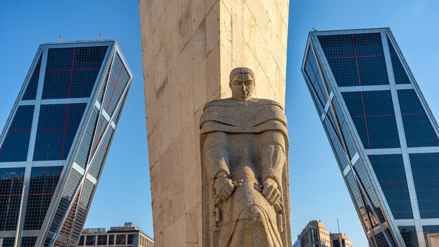 Madrid, Spain, April 19, 2026: Statue in tribute to Calvo Sotelo in the Plaza Castilla in the capital of Spain, Madrid.