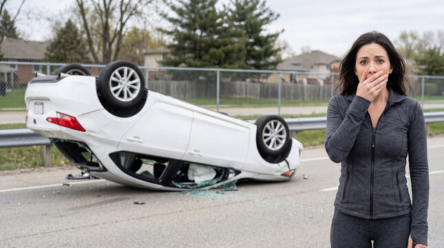 Woman standing near upside down white car after road accident. Traumatized girl covering mouth with hand at crash scene. Insurance claim, travel emergency and rescue service concept.