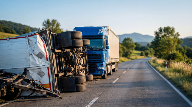 Blue semi truck and overturned trailer on road after collision. Highway freight vehicle accident. Cargo freight safety issue. Insurance claim for road traffic hazard and logistics disaster.