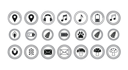 Collection of Circular Icons: Nature, Music, Technology, and Communication Symbols © Vgg