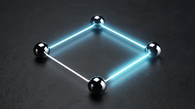 Four metallic spheres connected by glowing neon beams forming a square shape on a dark textured surface for abstract design