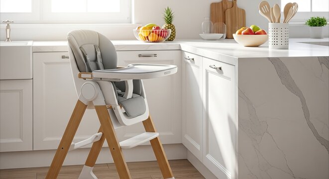 Modern gray baby high chair with wooden legs in a bright, contemporary kitchen with fruit bowls, ideal for family meals.