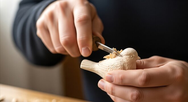 Close-up of hands meticulously carving a small wooden bird with a whittling knife, showcasing intricate details and craftsmanship in a serene workshop setting.
