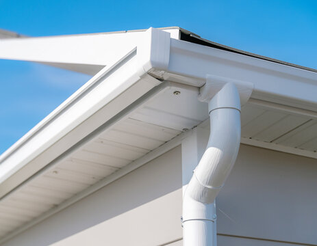 A white gutter and downspout system is installed on the exterior of a modern building, shown from a corner view with white pipes against a clear blue sky