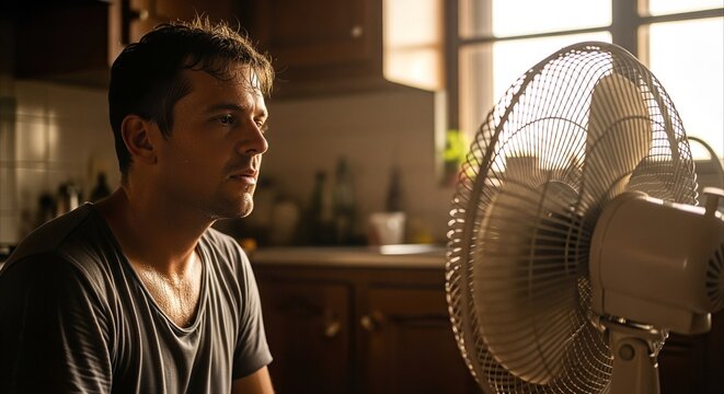 Sweaty man cools down in kitchen with fan during golden hour heatwave, seeking relief from summer heat
