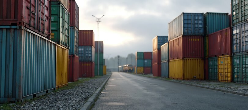 Stacked industrial containers in panoramic storage yard with distant rail connection