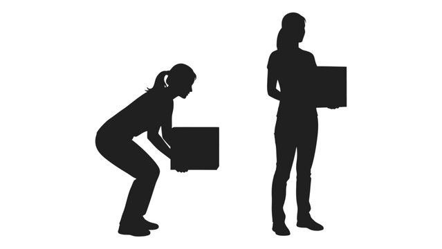 Woman lifting box silhouette two poses against a white background high quality