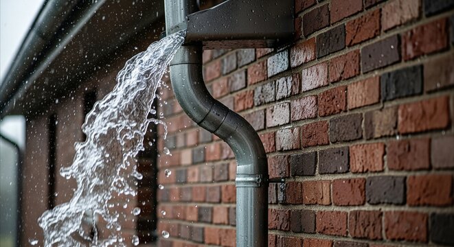 Heavy rain pours from a metal gutter downspout, splashing water onto a textured brick wall of a house during a storm.