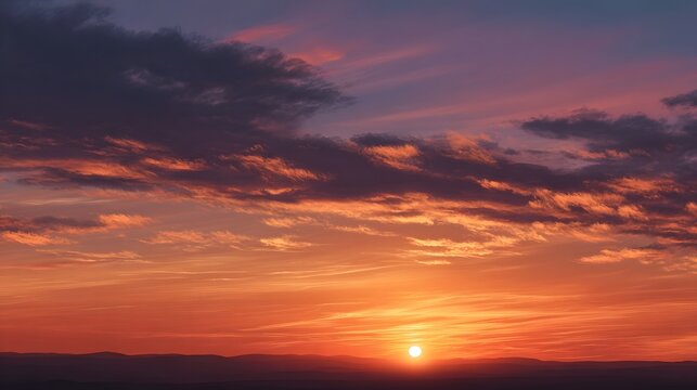 A dramatic and colorful sunrise view displaying rich orange red and deep blue tones across layered cloud formations on the horizon