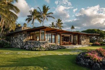 Obraz premium Modern house with open design and large windows surrounded by tropical plants and flowers in a sunny location on the coast