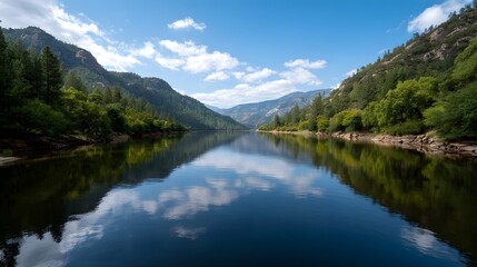 Naklejka premium A scenic view of a winding river passing through forested mountains under a bright cloudy sky creating perfect reflections on the tranquil water s