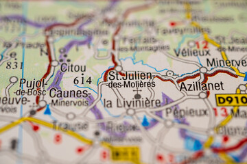 Obraz premium Macro map detail featuring Couiza and Espereza towns in Aude France.