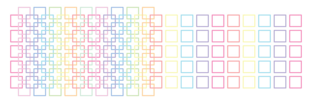 pastel square outline overlapping geometric grid with rainbow gradient lines on white background layout