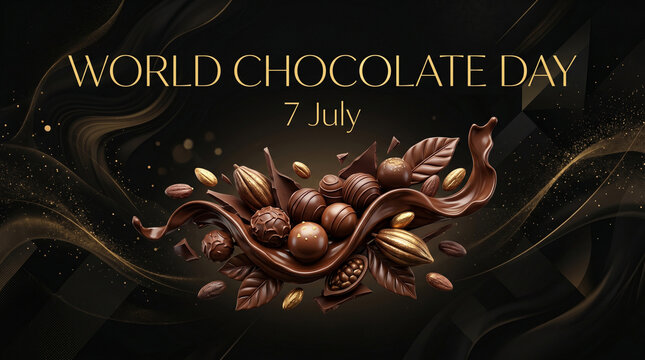 World chocolate day celebration with chocolates and cocoa beans on dark background