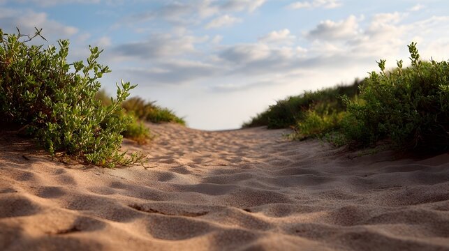Lush green vegetation borders a sandy pathway leading toward a tranquil cloudy coastal horizon