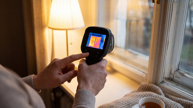 Person uses thermal imaging camera to inspect window for heat loss inside home showing energy audit insulation problems draft detection efficiency upgrade winter renovation planning
