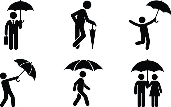 Minimalist vector graphic set featuring various stick figure characters interacting with black umbrellas in different poses